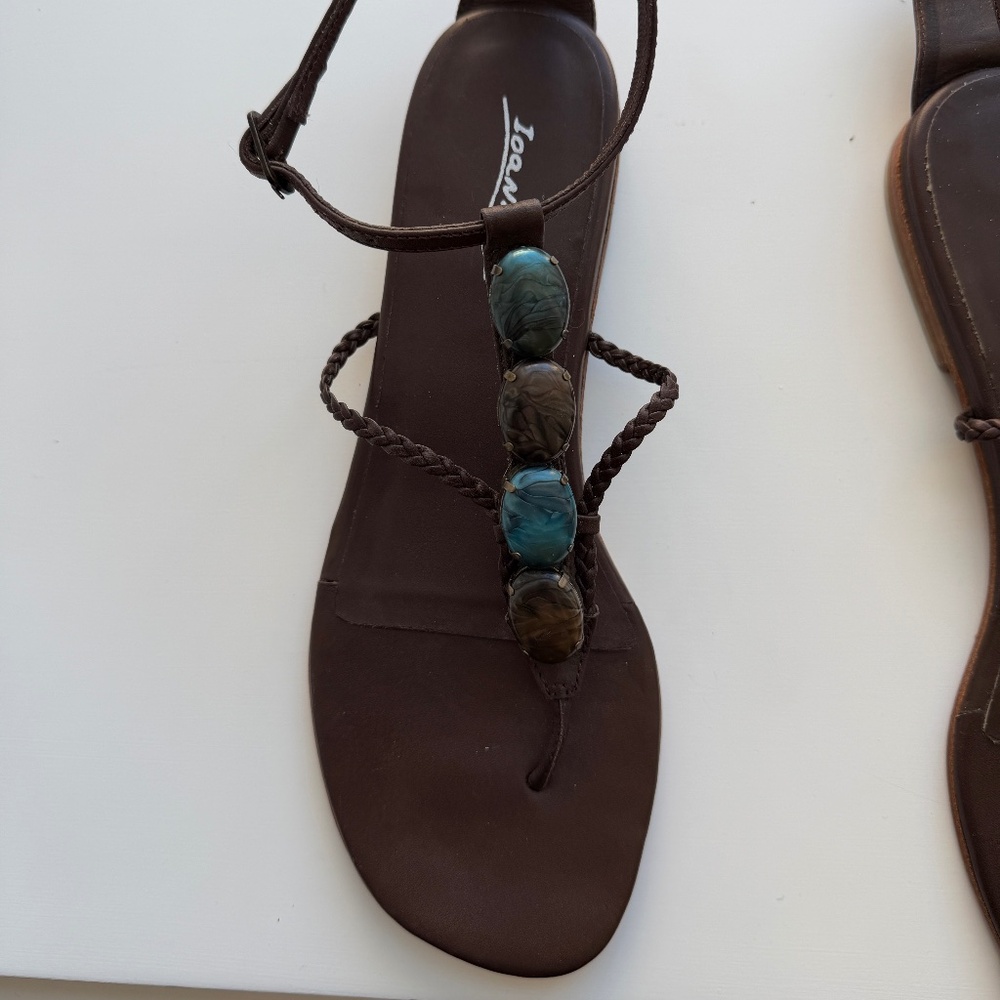 Ioannis beaded sandal, baubles on strap, gladiator style closure